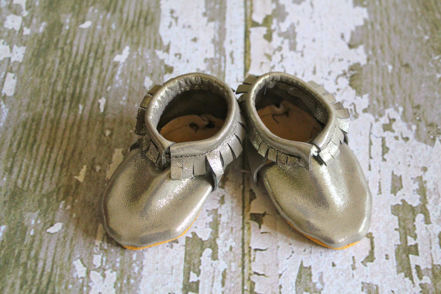 Baby Leather Moccasins Silver Leather Infant Moccasins Shoes-Ready to Ship