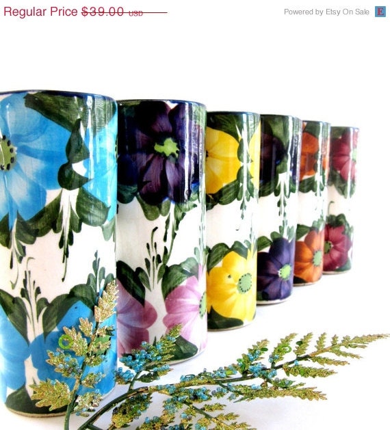 CLOSING SALE Reduced 50% Vintage Ceramic Tumblers with Hand Painted Flower Blooms