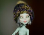 Hat OOAK Monster High Repaint  Multicolor Malabrigo Chunky Pom Pom Fantasy Hat Beanie Outfit Dollfie BJD Custom Hat