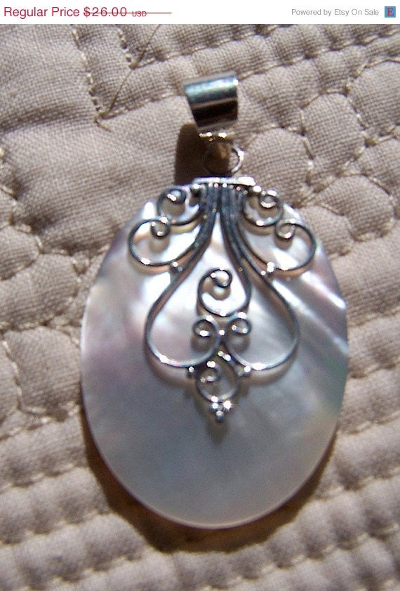 ON SALE Vintage Oval Abalone Shell and Sterling Silver Brides Something Old Wedding Pendant