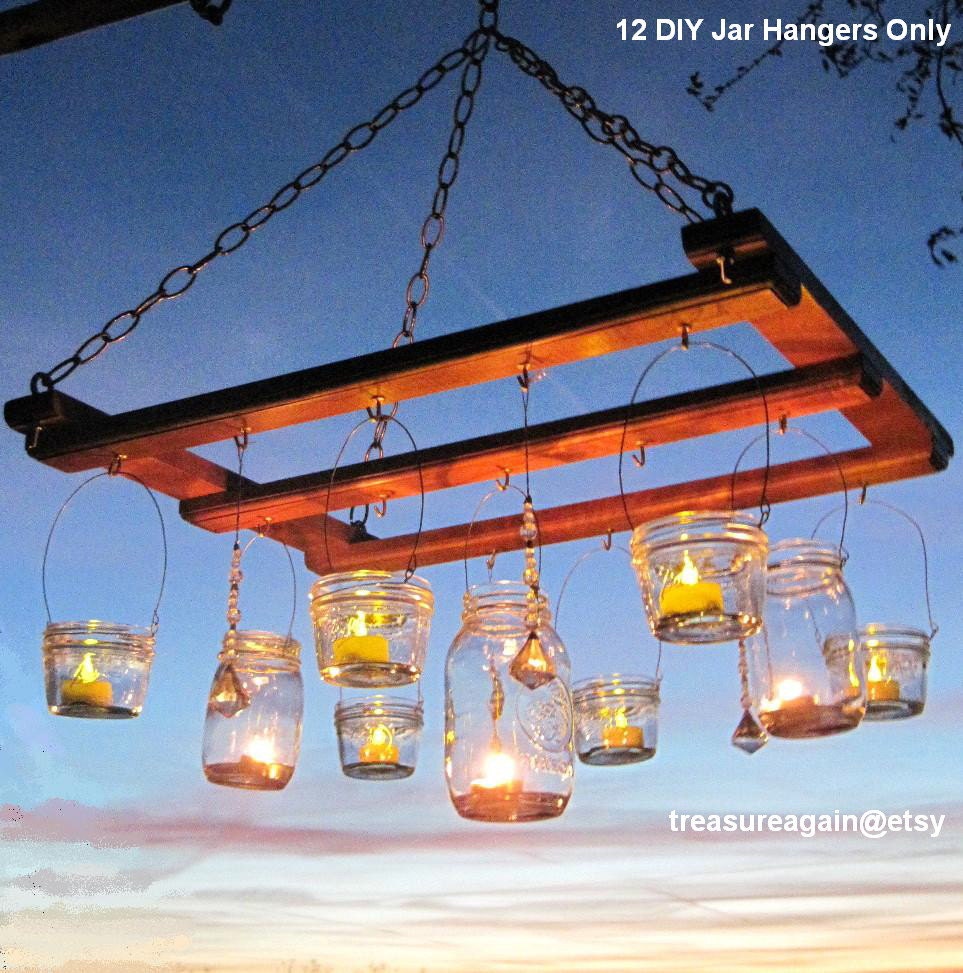 Mason Jar Chandelier DIY Candles Lanterns Luminaries 12 Wide Mouth Ball Jar Wires Upcycled Lighting Garden Party Weddings, jar hangers only