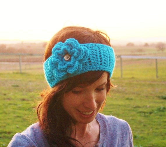 Crochet Headband Holiday in Turquoise with Flower--Ready to Ship
