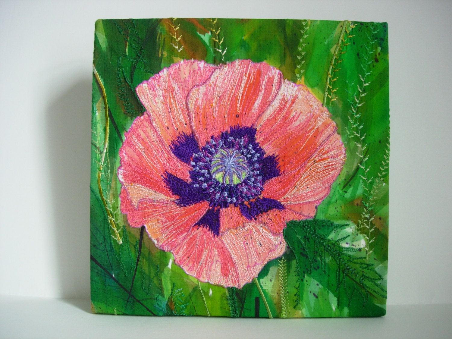 Peach Coloured Poppy Machine Embroidery Picture Canvas Textile Wall Art OOAK