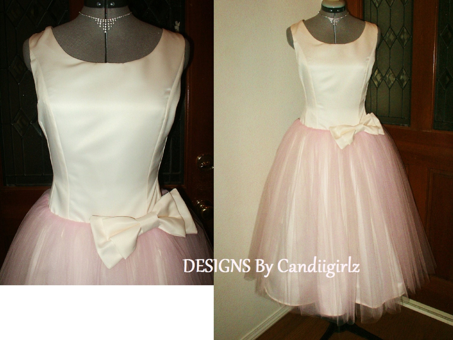 Custom 1950s Insp Princess Audrey Ivory pale pink scoop drop waist prom Tea length Evening Bridal Wedding party Dress Sample