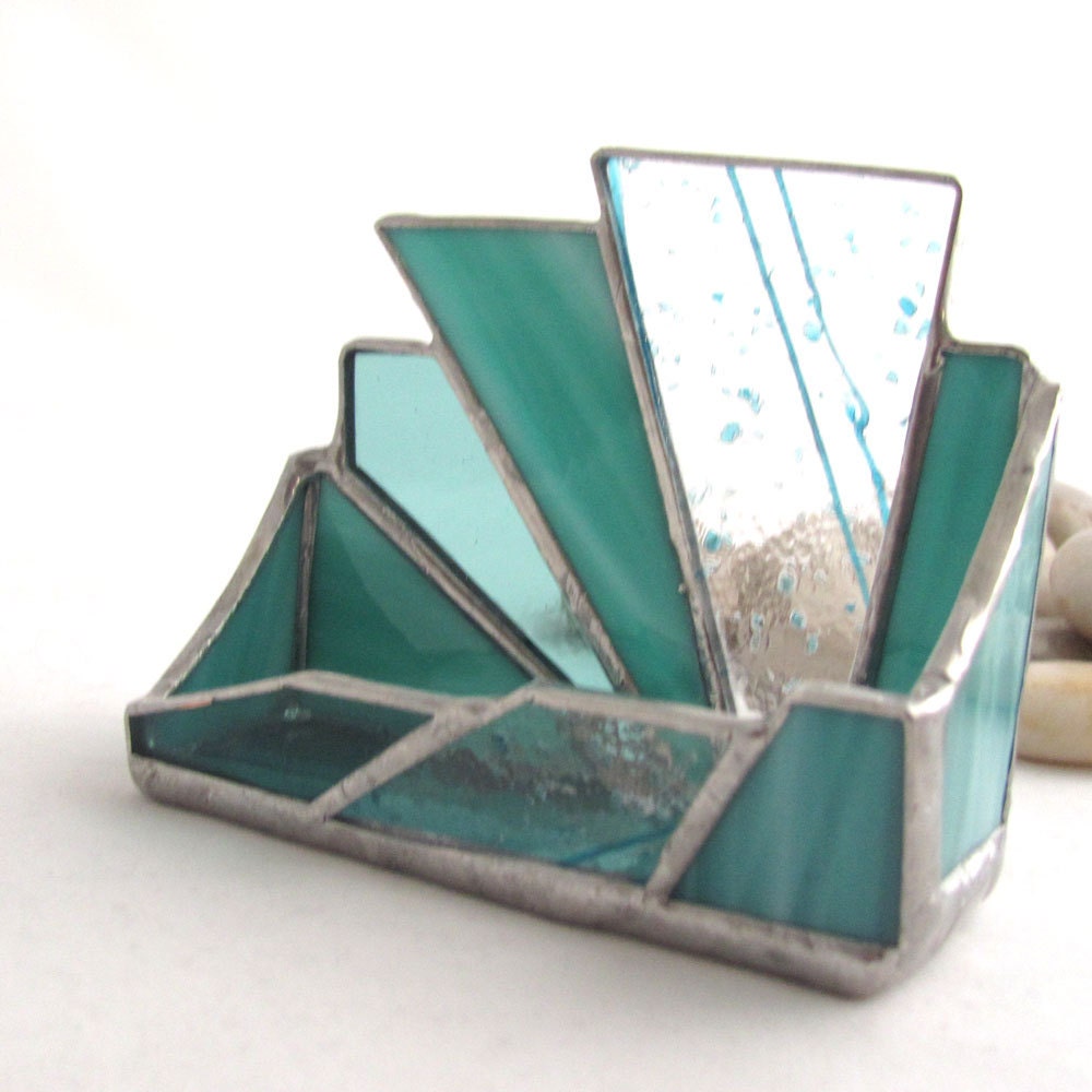 Teal Aqua Turquoise Hand Crafted Stained Glass Business Card Holder