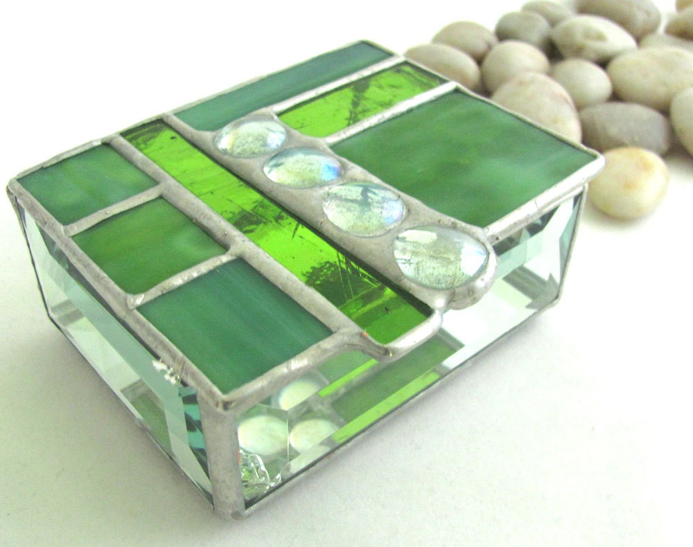 Earthy Green Forest Chartreuse and Sage Hand Crafted Stained Glass Box