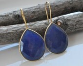 Dyed Blue Sapphire Quartz Bezel set Gemstone  Earrings, 22K Gold Vermeil Pear Drop Earrings, Dangle Drop Gemstone Earrings