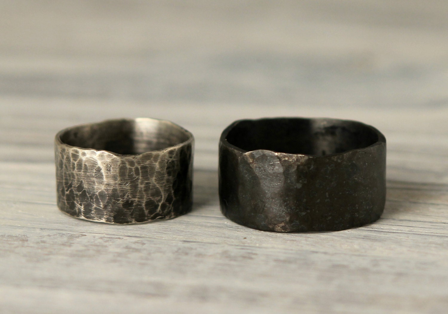 Couple's Ring Set w/ Secret Messages- Bold & Wide Rustic Unisex Hammered Sterling Silver Band by Pale Fish NY