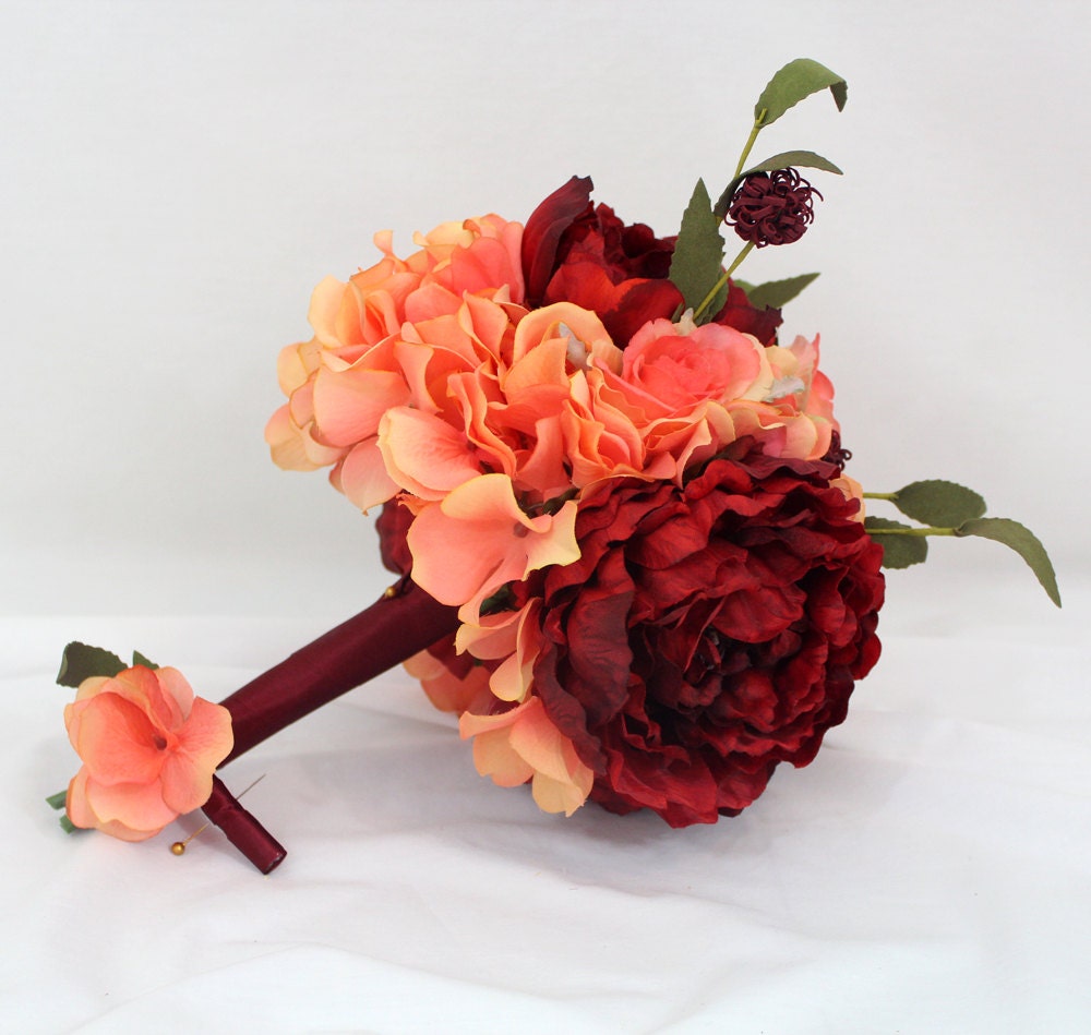 Silk Wedding Bouquet, Boutonniere- Coral Hydrangea, Red Peony. Burgundy Accents