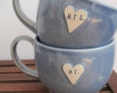 Newlywed Couple Mr. and Mrs. mug set In Marine Layer Blue Just Married- Ready to Ship