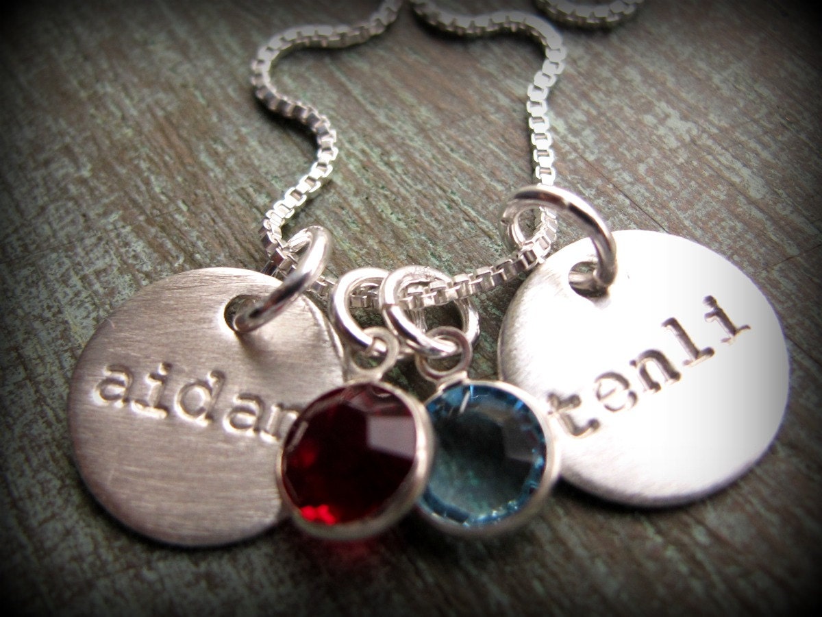 SALE - Kids Names Hand Stamped Necklace Personalized with Birthstones Sterling Silver - Mother's Day Gift
