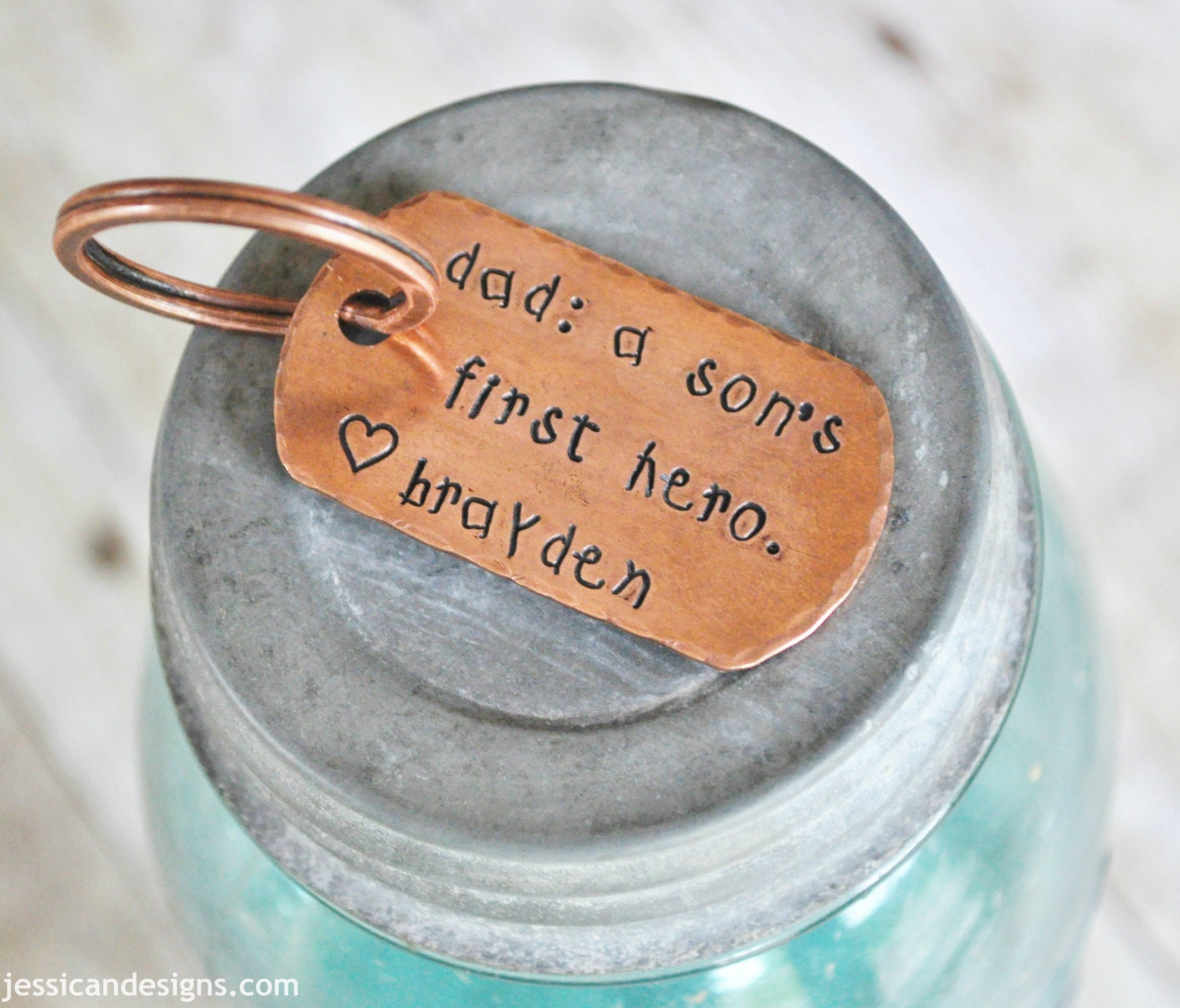 Dad: A Son's First Hero- Hand Stamped & Personalized Dog Tag Key Chain -Add your Kids Name's in Child's Handwriting Font