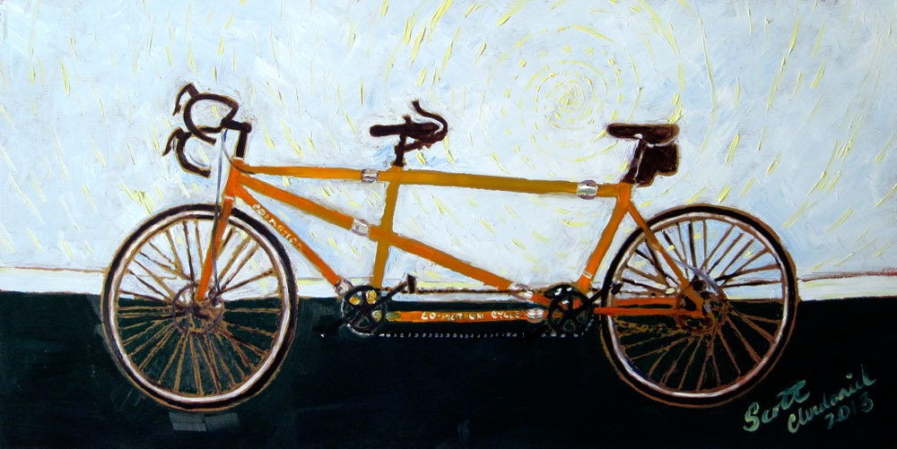 Painting of a Bicycle Built for Two - Tandem Bicycle Art Print 15"x8"