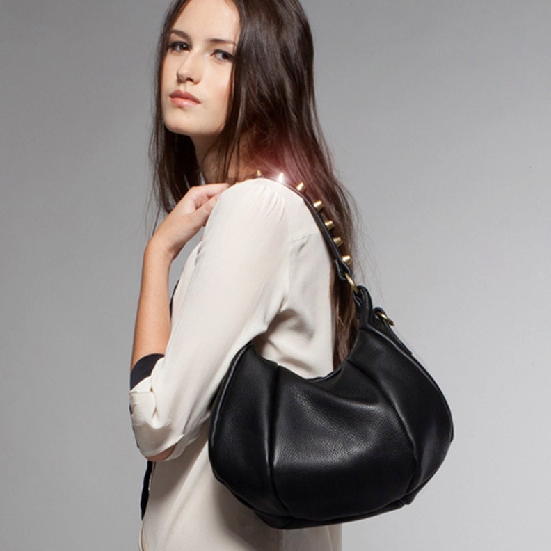 Studded Leather purse - Opelle Studded Baby ballet bag in Black pebbled leather NEW ss13