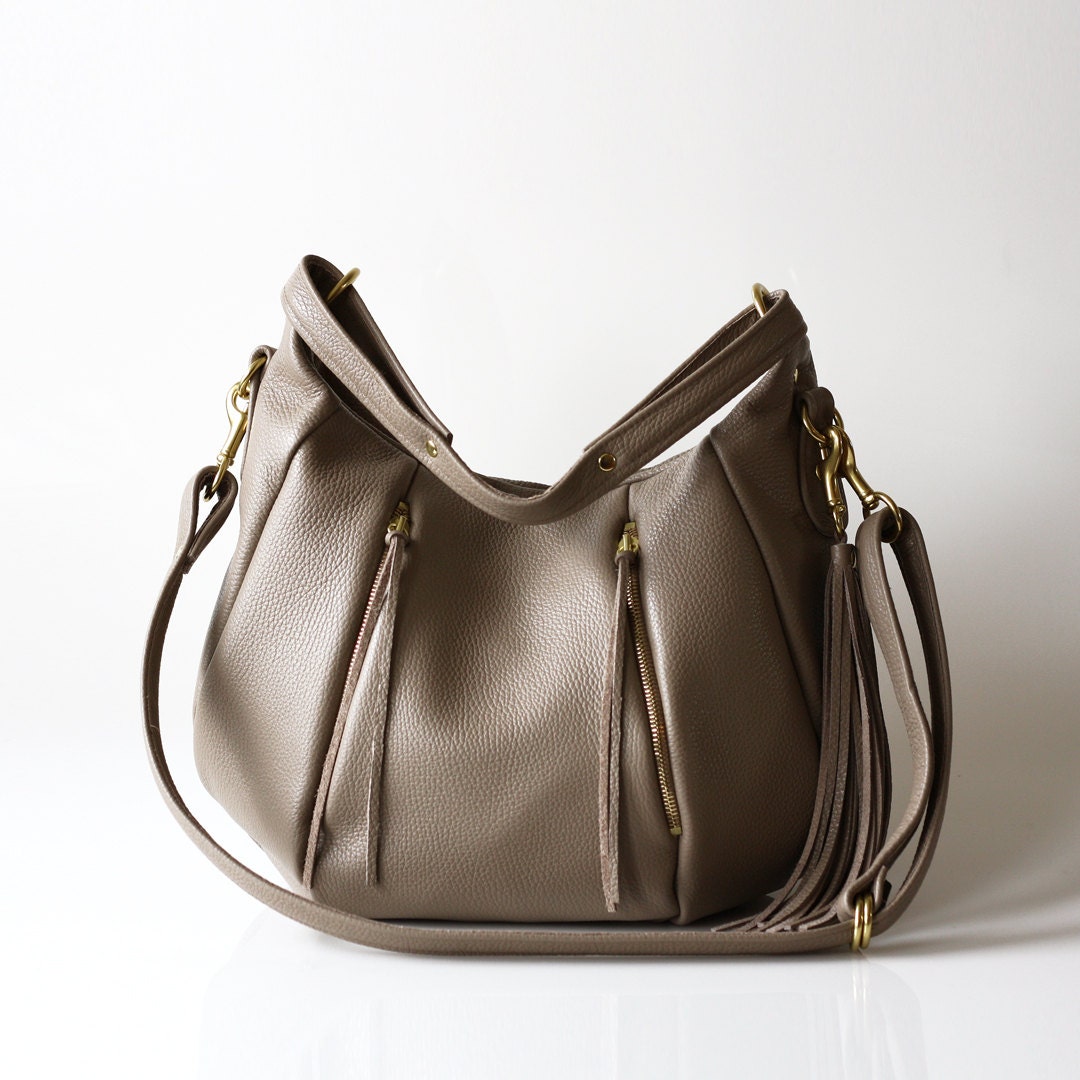 Leather Handbag - OPELLE Ballet Bag - Large Size Pebbled Leather purse in Mink
