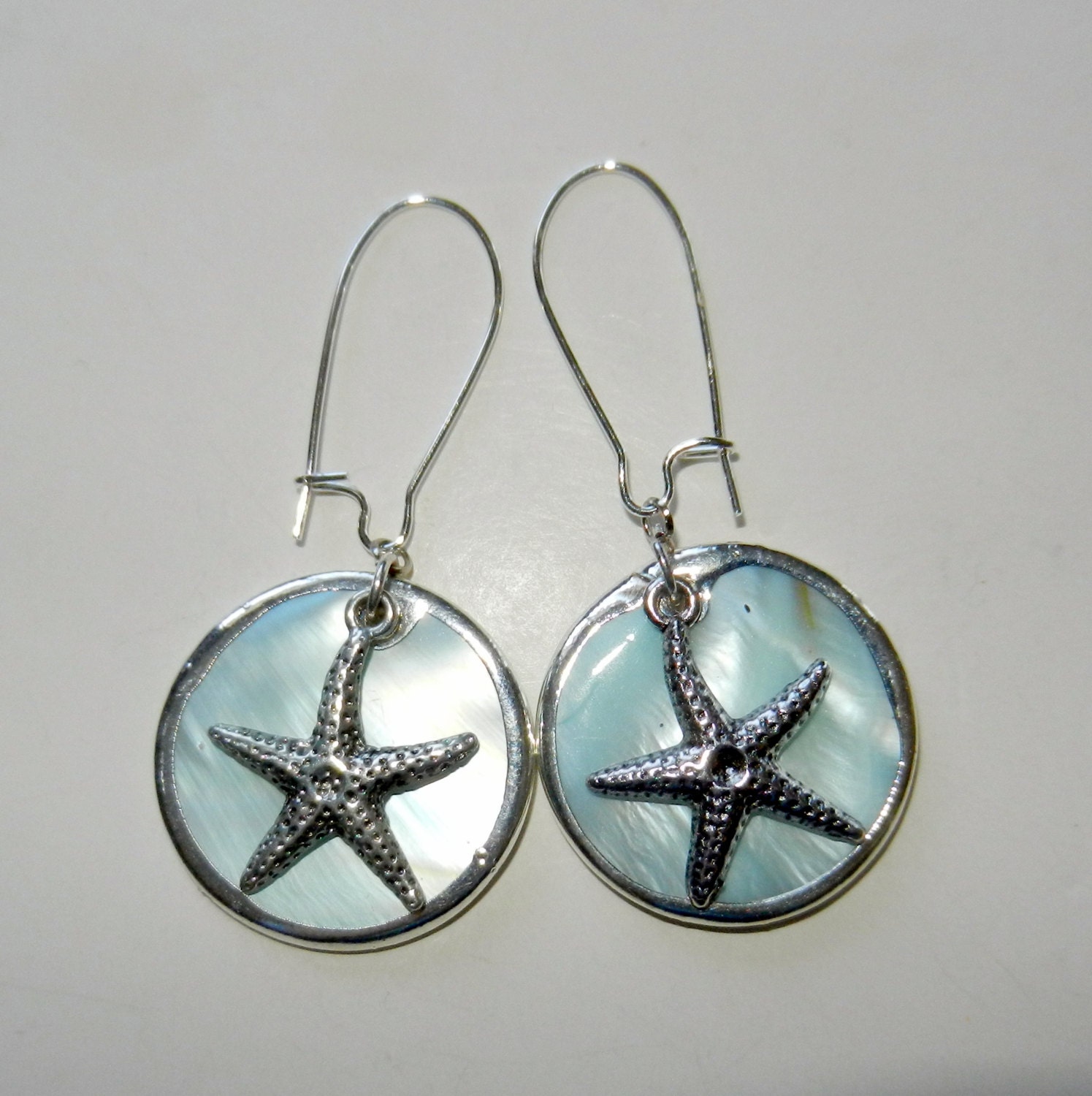 Mother of Pearl Shells with Starfish Charm Dangle Earrings