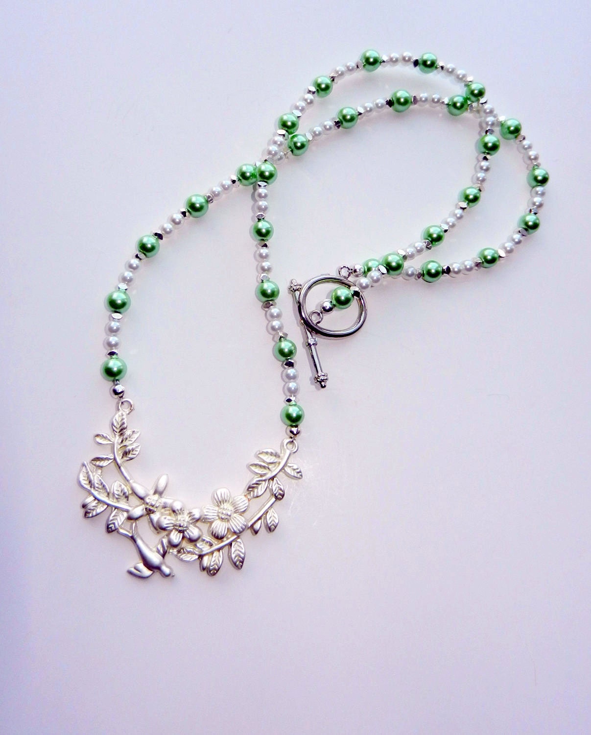 Mint Green and White Pearl Necklace with Bird Detail