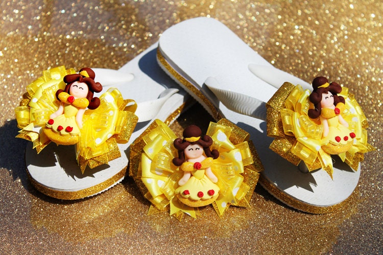 Disney Princess Belle Beauty and the Beast Ribbon Flip Flops and Hair Bow with Polymer Bead to Match - Custom Boutique Set