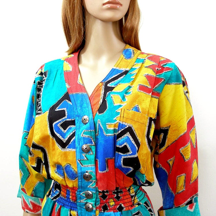 1980s Romper / 80s Colorful Abstract Split Skirt Mini Dress / Medium to Large