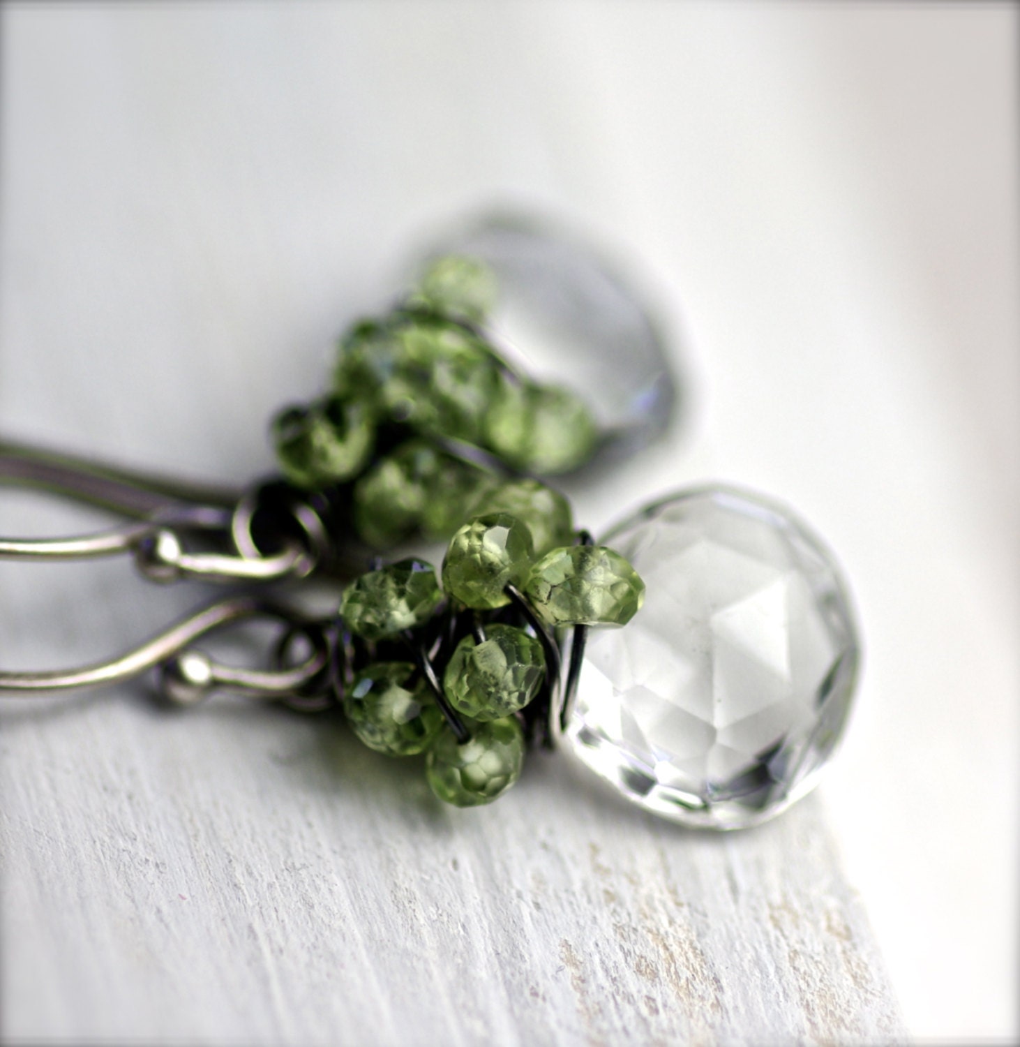 Rock Crystal and Peridot Cluster..Oxidized Sterling Silver Earrings