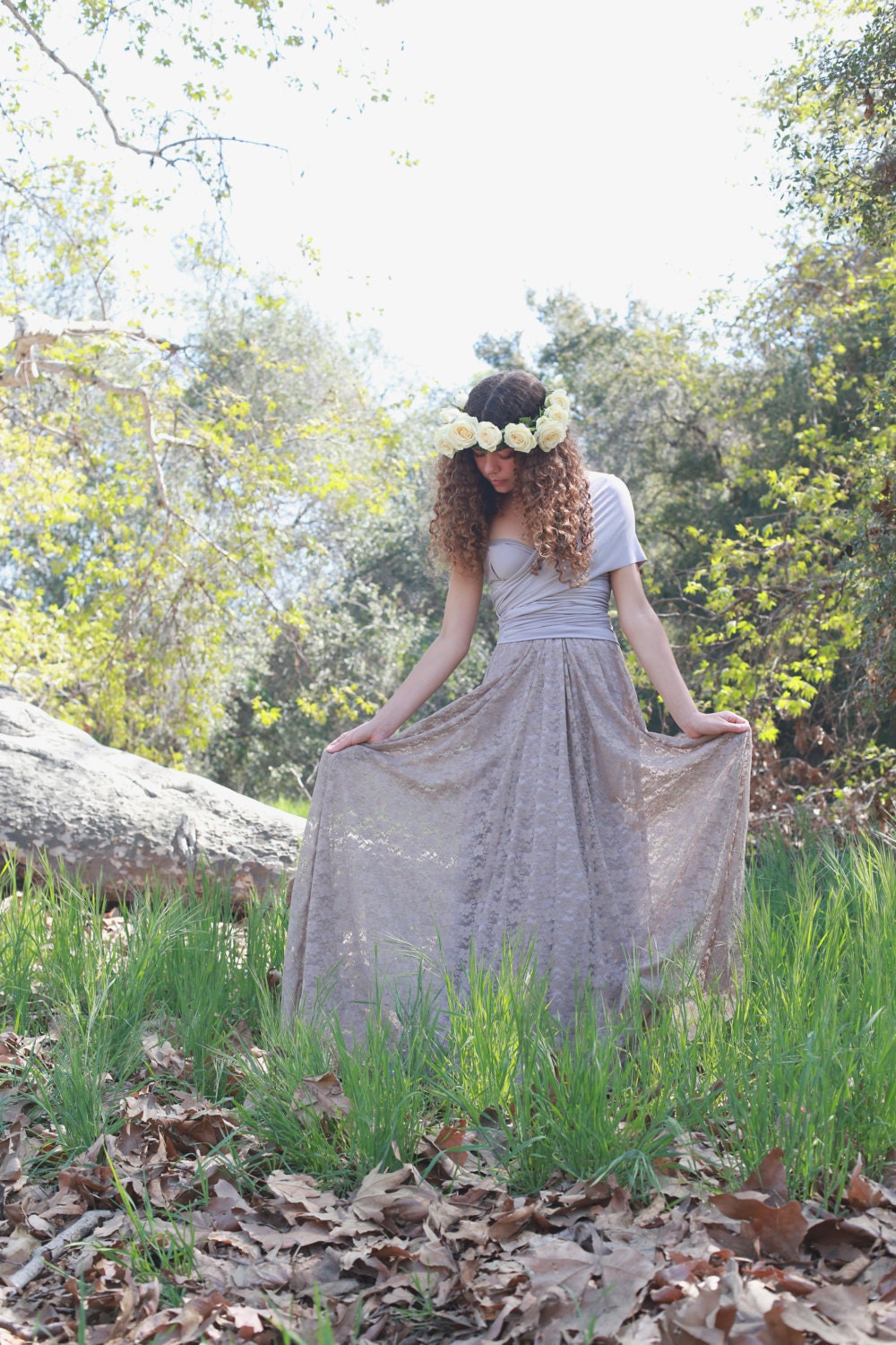 Octopus Infinity Wrap Gown- Mocha Lace with Dusty Sea Lavender- Vintage Wedding, Bridesmaids Dress