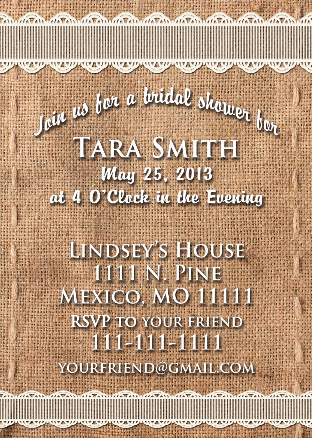 Rustic Chic Bridal Shower Invitation Printed or PDF Download