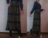 Vintage 80s INDIA COTTON GAUZE Plaid Maxi Drawstring Jewel Tones Wine Turquoise Green Amber Black Crinkle Skirt os One Size sml 1980s