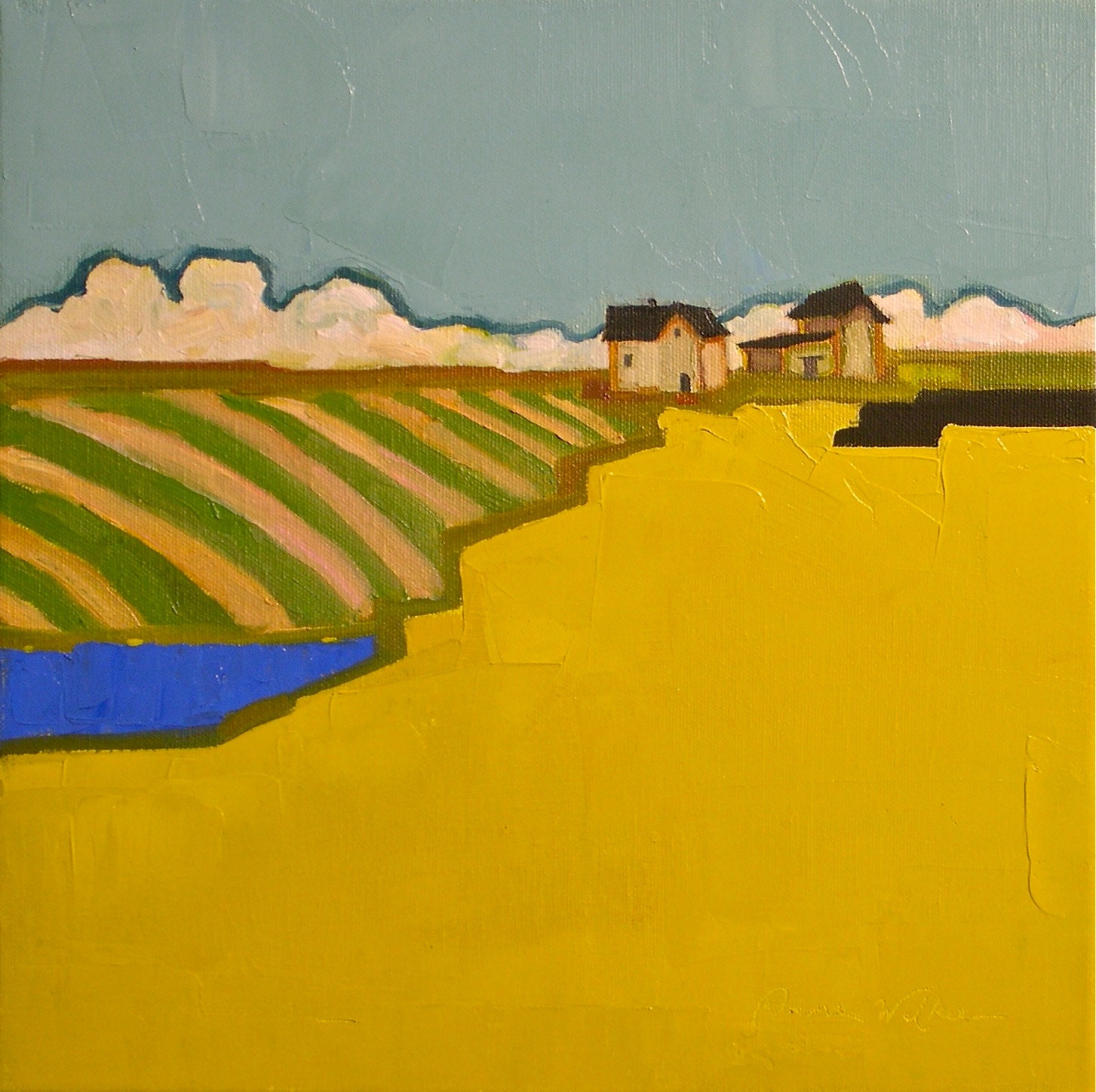 Fields of Pink and Green- Oil Painting, 12x12 Original - Cloud Painting, Landscape Painting