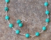Turquoise Jewelry Set, Natural Stone Necklace, Silver Earrings, Bali Style, Handmade, Beaded