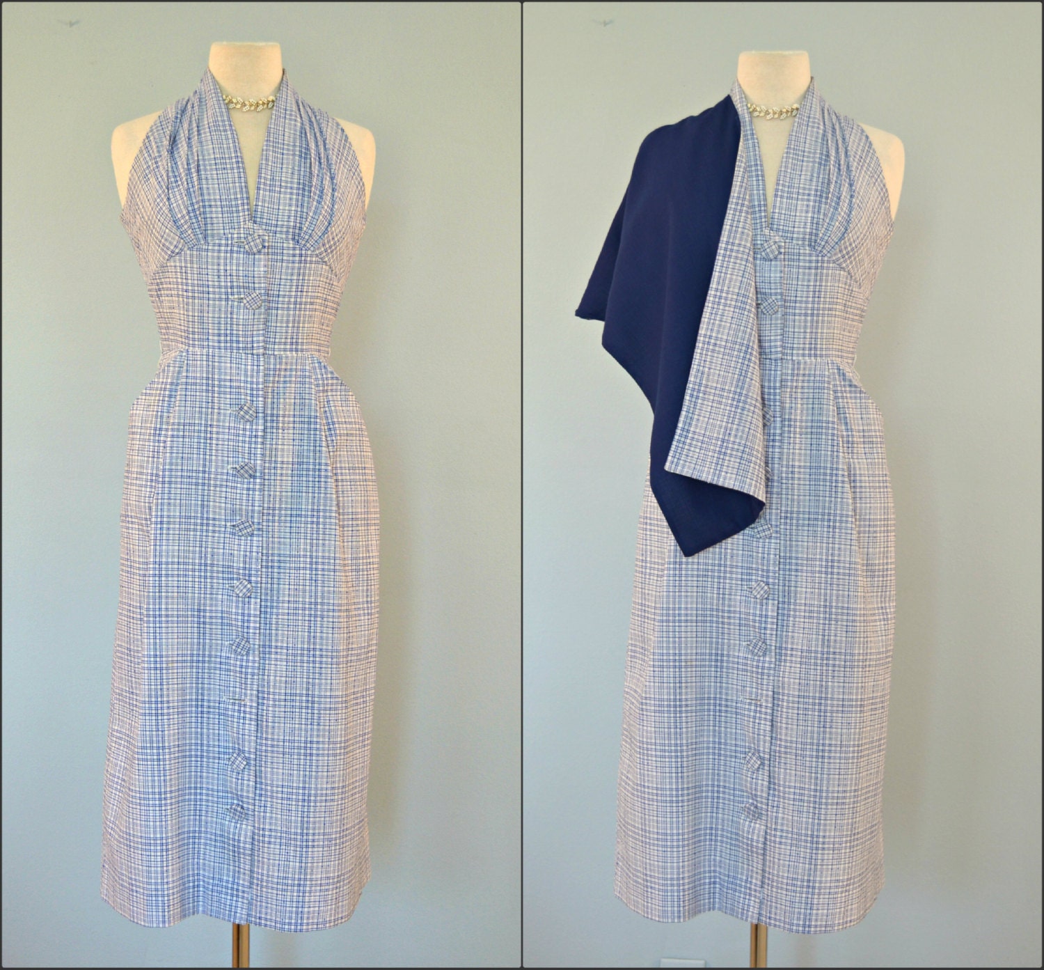 Vintage 1950s Sundress...Darling Blue and White Plaid Cotton FORMAN & GUMNER Sundress with Wrap Wiggle Dress Pinup Small