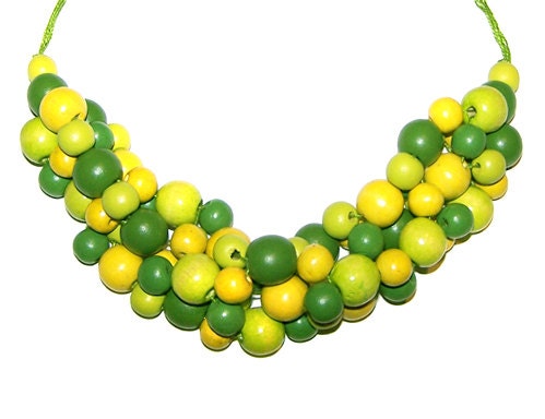 Multicolor statement wooden necklace in green, lime and yellow. Colorful chunky beaded necklace.