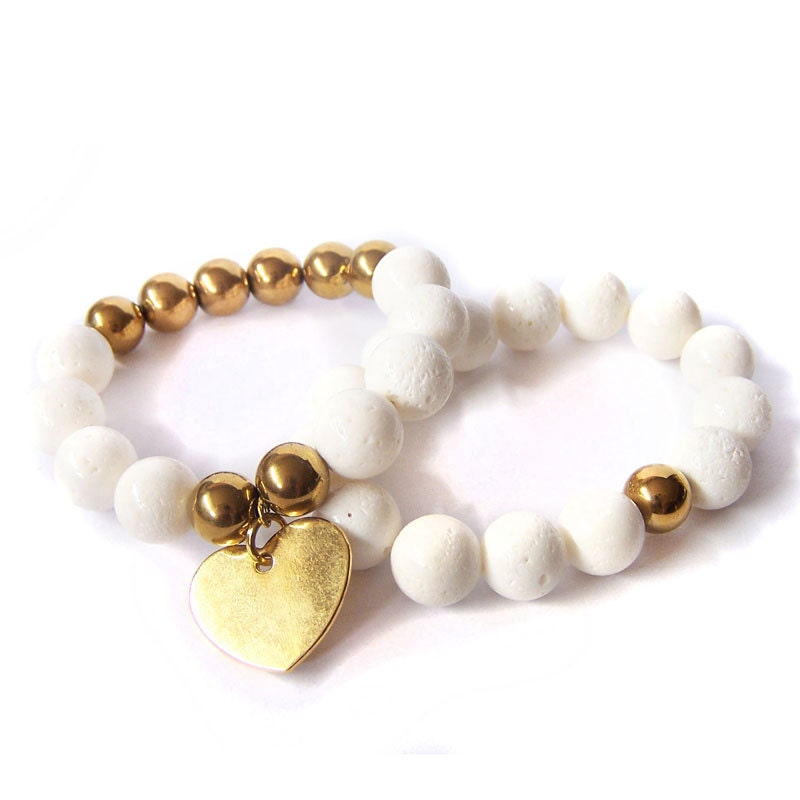 White Coral Stone Stretch Bracelet with Golden Heart Charm, White Heart Bracelet