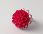 Raspberry Mum Flower Cabochon Ring - Matte, Adjustable, Silver Metal Scallop Setting