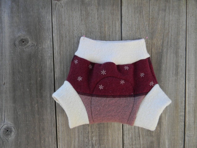 Upcycled Merino Wool Soaker Cover Diaper Cover With Added Doubler Pink/Burgundy/White With Heart Applique NEWBORN 0-3M Kidsgogreen