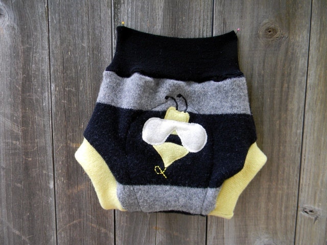 Upcycled Wool Soaker Cover Diaper Cover With Added Doubler Gray/Black Stripes With Bumble Bee Applique LARGE 12-24M Kidsgogreen