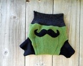 Upcycled Wool Soaker Cover Diaper Cover With Added Doubler Green/Black With Mustache Applique SMALL 3-6M Kidsgogreen