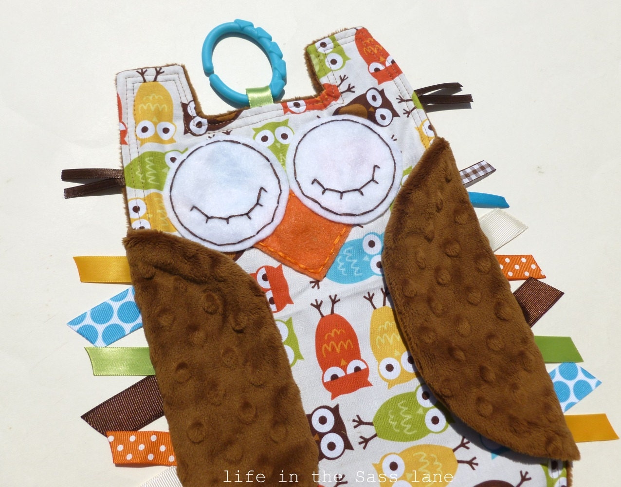 Urban Zoologie Cream Owls Ribbon Tag Baby Blankie with Linking Ring Lovey Lovie Baby Gift Orange, Yellow, Lime, Turquoise