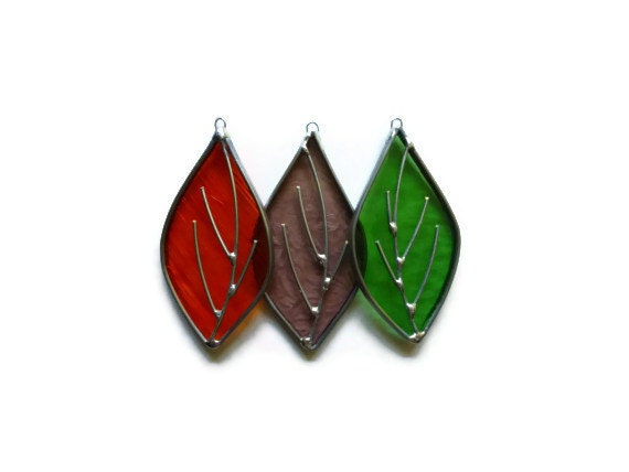 Stained Glass Seasonal Leaves - Set of 3 Suncatchers Window Ornaments