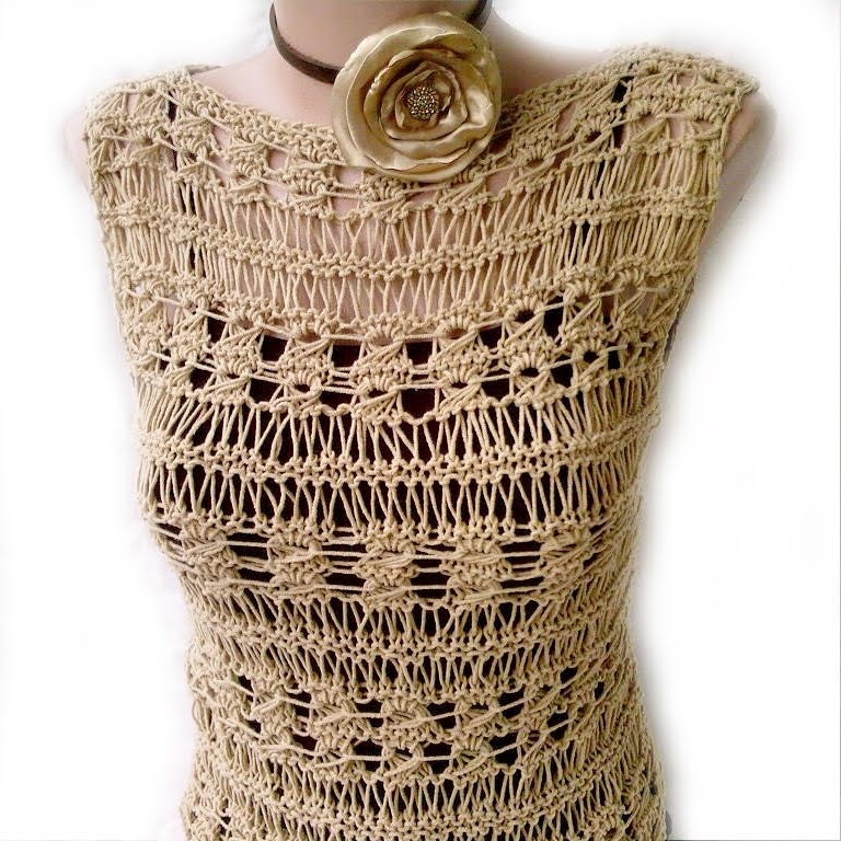 Beige Nude Unique Effect Hand Knitted Cotton Tank Top