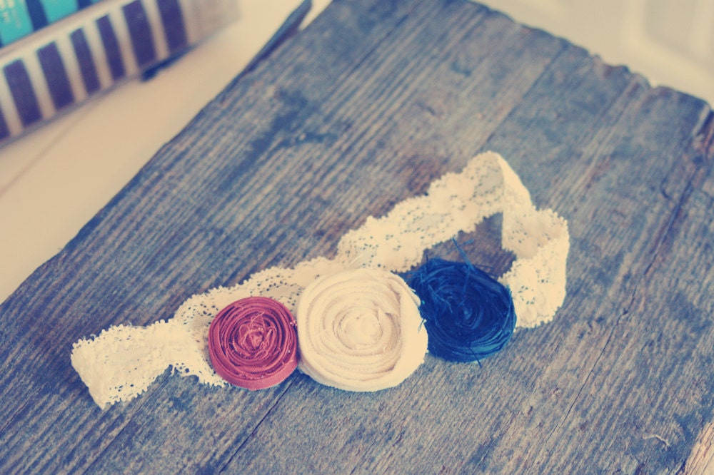 Vintage Style Orange Cream Navy Rosette Lace Stretch Headband