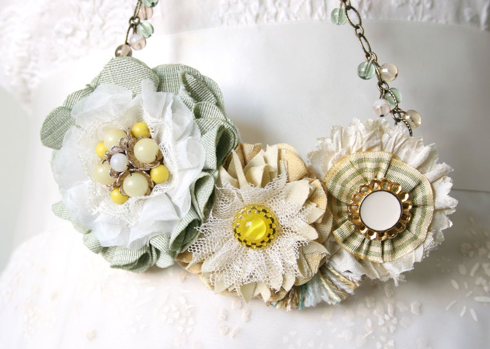 Statement Necklace, Bib Necklace, Floral Statement Necklace, Flower Necklace, Bride Necklace, Mint and Yellow