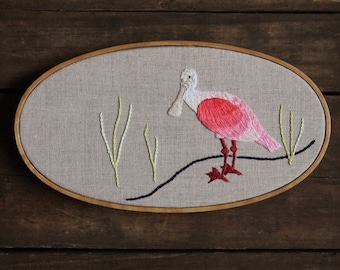 Roseate Spoonbill Hand Embroidery - Pink Bird Embroidery Hoop Art