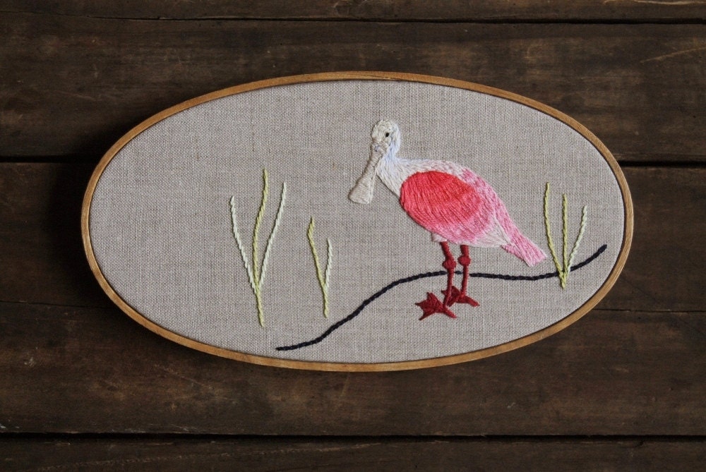 Roseate Spoonbill Hand Embroidery - Pink Bird Embroidery Hoop Art