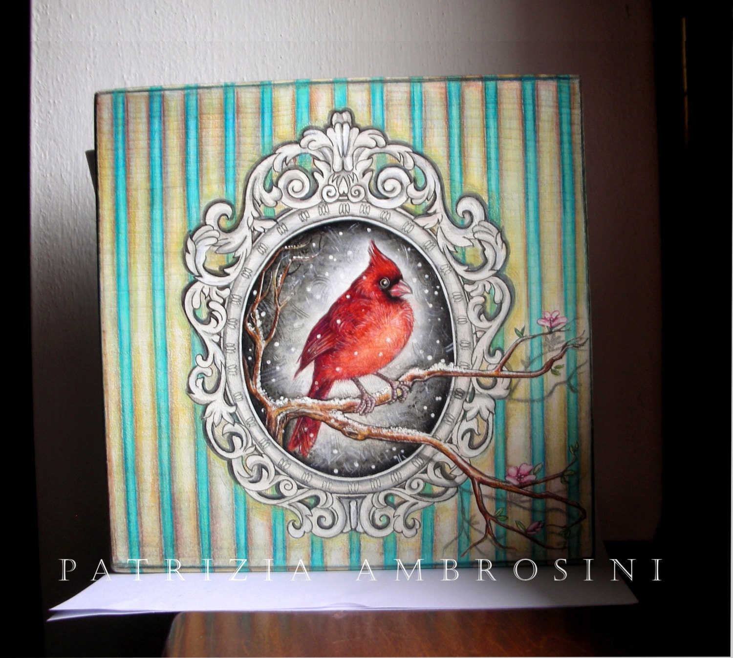 8"x 8" Handpainted art block on wood - "" frame with red cardinal"" - ORIGINAL Painting