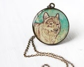 Wolf Art Pendant Necklace Vintage Art, Round Pendant, Teal Green and Cream Color Wild Animal Canine