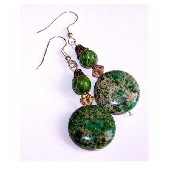 Classic Emrald Green Muted Stone Earrings with Brass Aceent