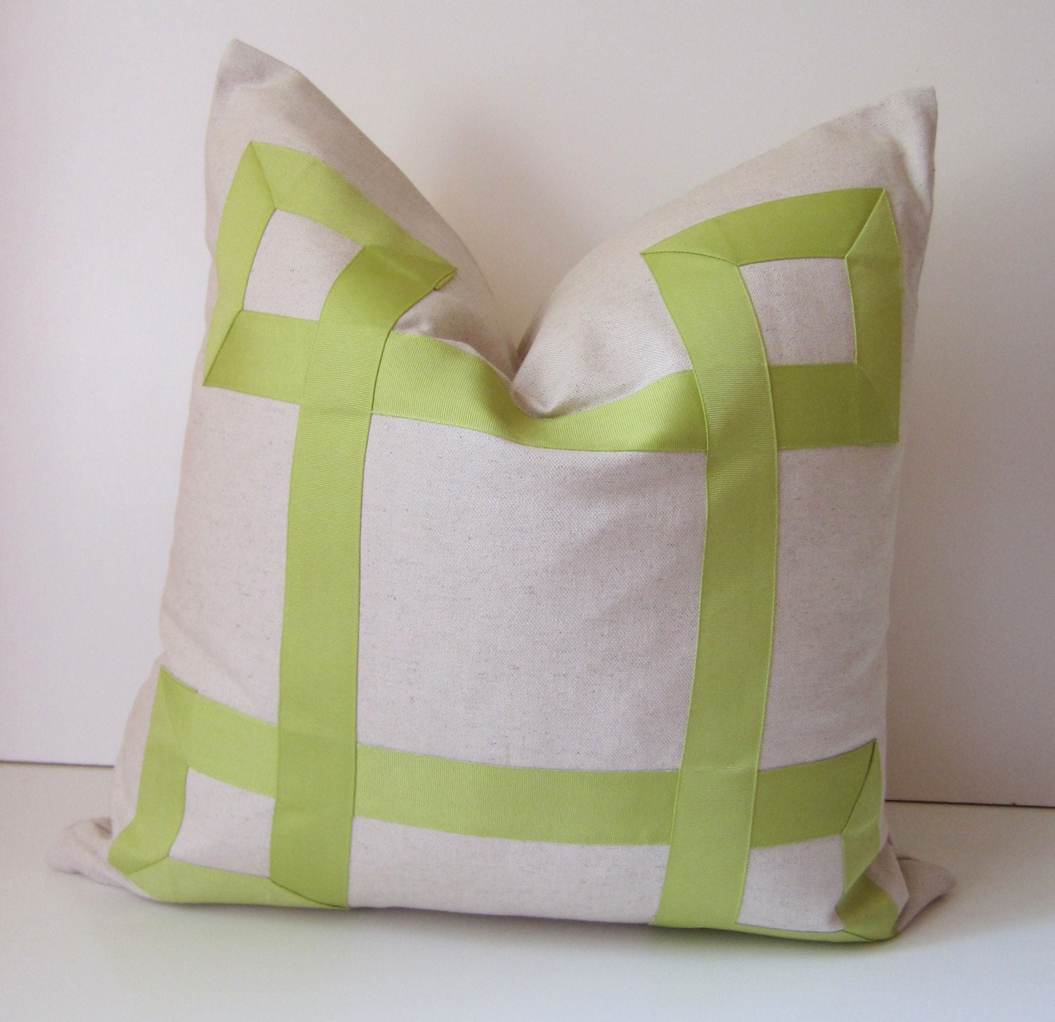 Natural Cotton - 20 - 22 - 24 inch - Decorative Pillow Cover  - Chartreuse Ribbon embellishment -  apple green - euro sham - made to order