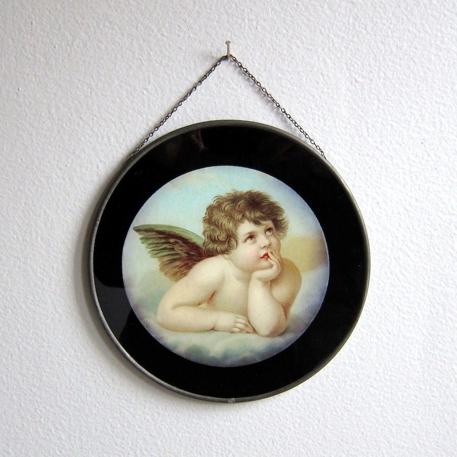 Antique Flue Cover Wall Hanging Raphael Sistine Angel Color Litho on Glass