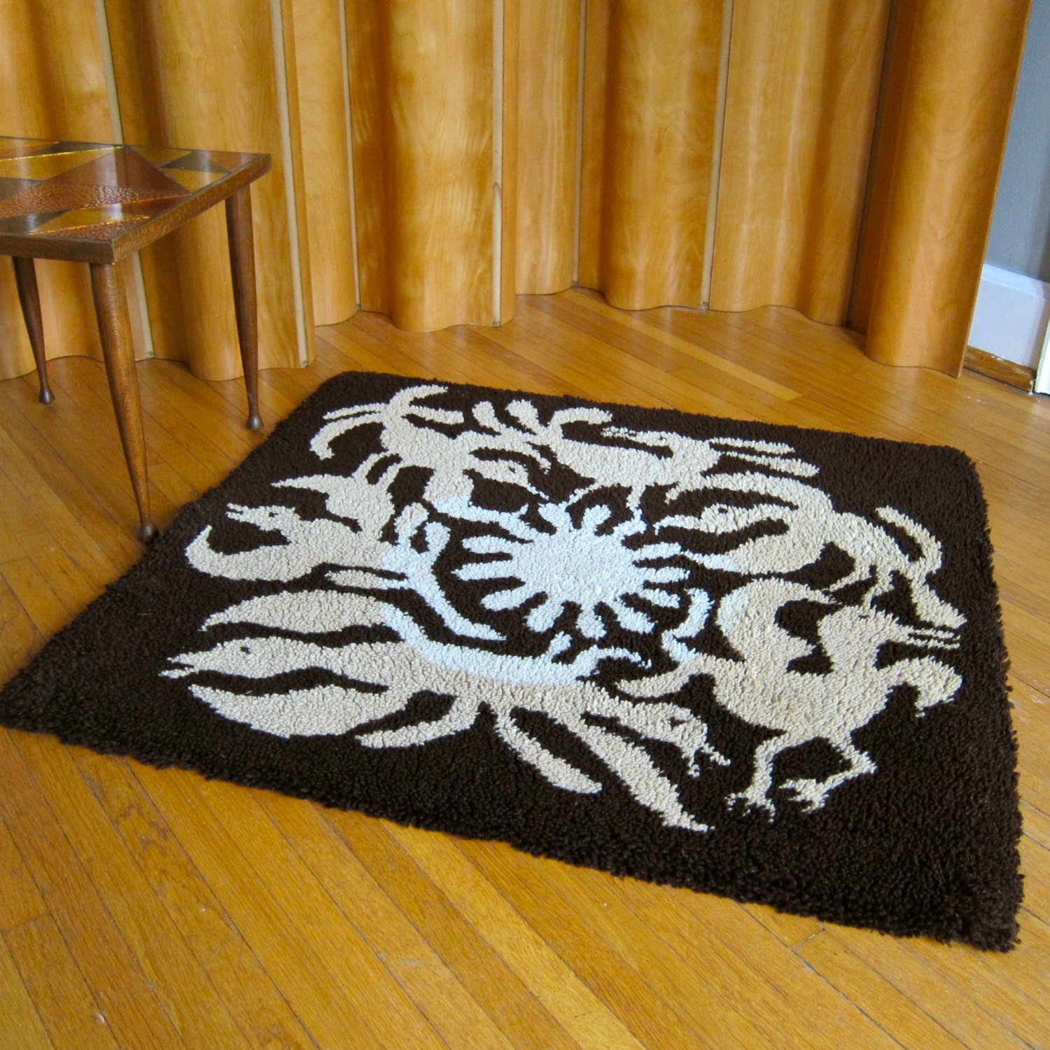 1970s Wool Latch Hook Throw Rug - Brown Cream Fantastic Animals Area Rug