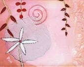 The Start Of Sunset, original painting, whimsical mixed media art, 5 x 7 inches, floral wall art, pink and white, abstract art